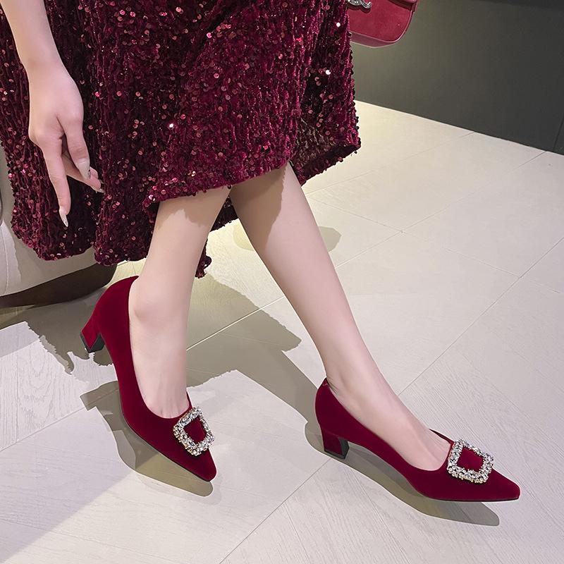 5168-13 Senior Design Sense Rhinestone Square Buckle Cashmere Square Head Temperament High Heels Thick Heel Single Shoes Red