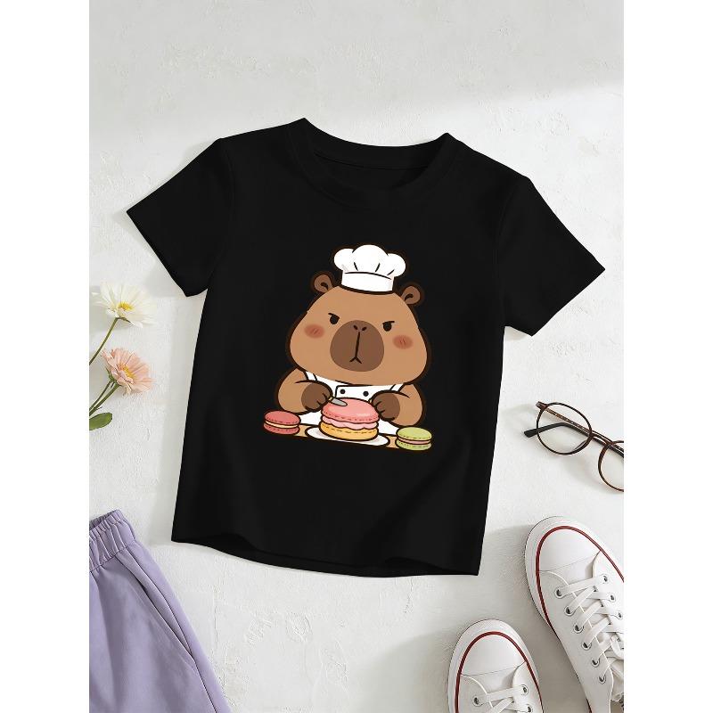 European sizes Girl's Chef Capybara Pattern Short-Sleeve T-Shirt, Kids' Summer Casual Top, Comfortable and Versatile, Suitable for Outerwear, Holidays