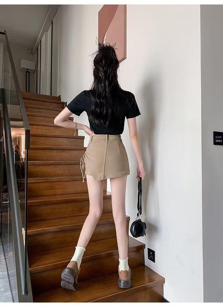 Irregular Denim Skort for Women - Slimming Lace-up A-line with Drawstring