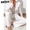 GMXIA Homewear Love Print Long-sleeved Lapel Pyjamas Women Can Be Worn Outside Trousers Two-piece Set