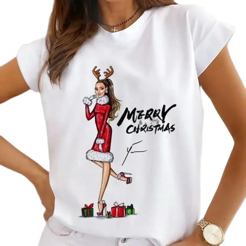 Festival Christmas Printed Short Sleeved Casual Womens Tshirt Crewneck Tops Kawaii Fashion Women TShirt Clothes Harajuku