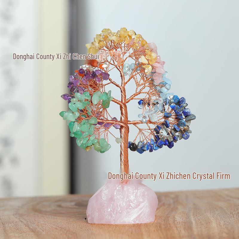 Rose Quartz Crystal Money Tree with Copper Wire, Tree of Life Decorative Ornament