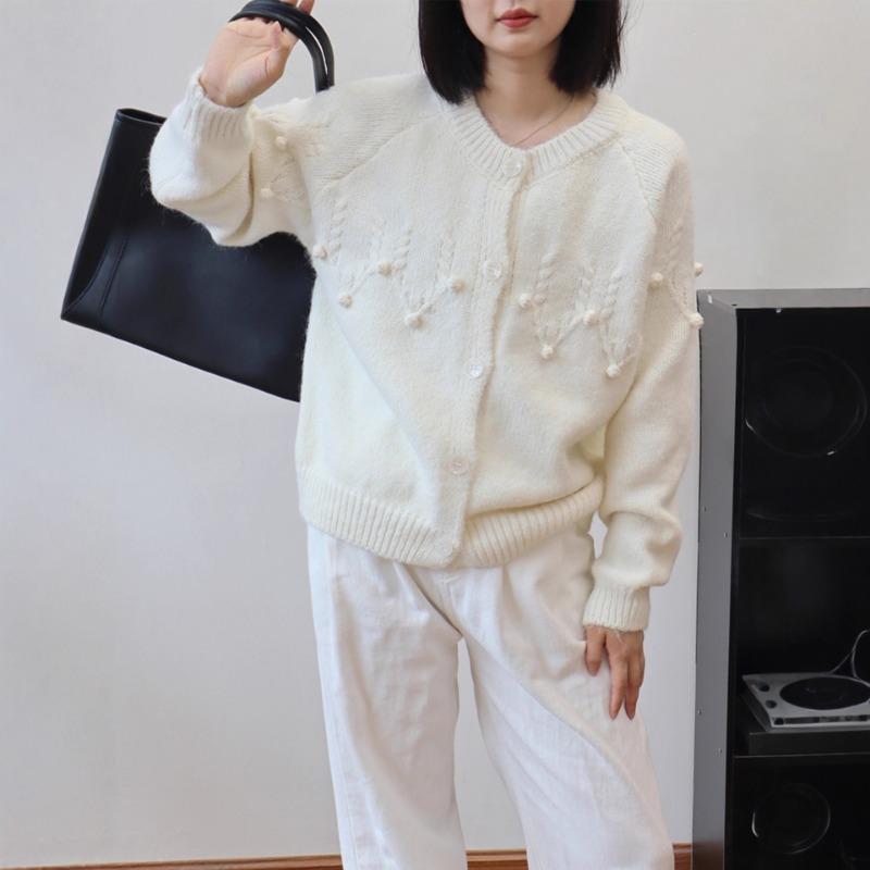 Autumn and winter new design sense heavy industry crochet knitted cardigan loose soft waxy crew neck sweater jacket women
