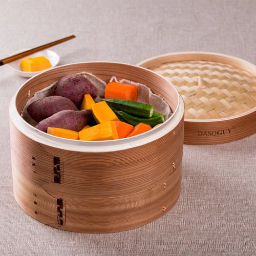 Dasoguy Premium 18cm Handmade Wooden Steamer with Two-Tier Steaming Basket for Dumplings, Dim Sum, Baozi, Rice, Vegetables, Meat, and Fish, Ideal for