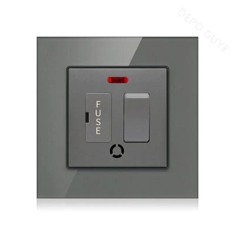 86 Typ UK 13A Schalter mit Sicherung Elektroschalter Licht Steckdosen Neon Schwarz Weiß Grau Gehärtetes Glas Sicherung 13A Wandschalterplatte