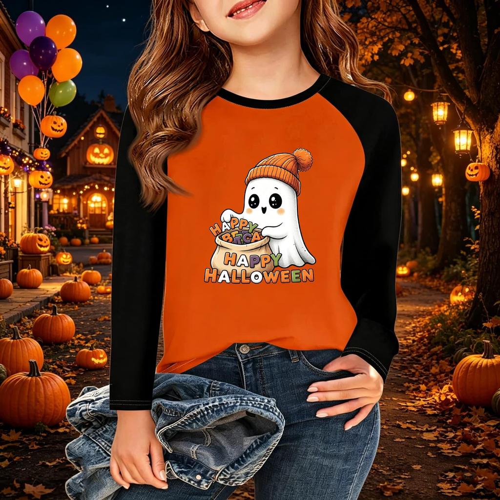 Kids' Halloween Printed Long Sleeve Neck T-Shirt for Casual Wear