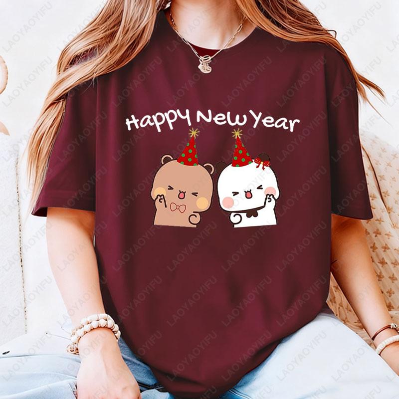 Happy New Year Bubu Dudu Emoticon Graphic Tshirt Trendy Fun New Year Tees Fashion Streetwear Cartoon Holiday Party Cotton Tees