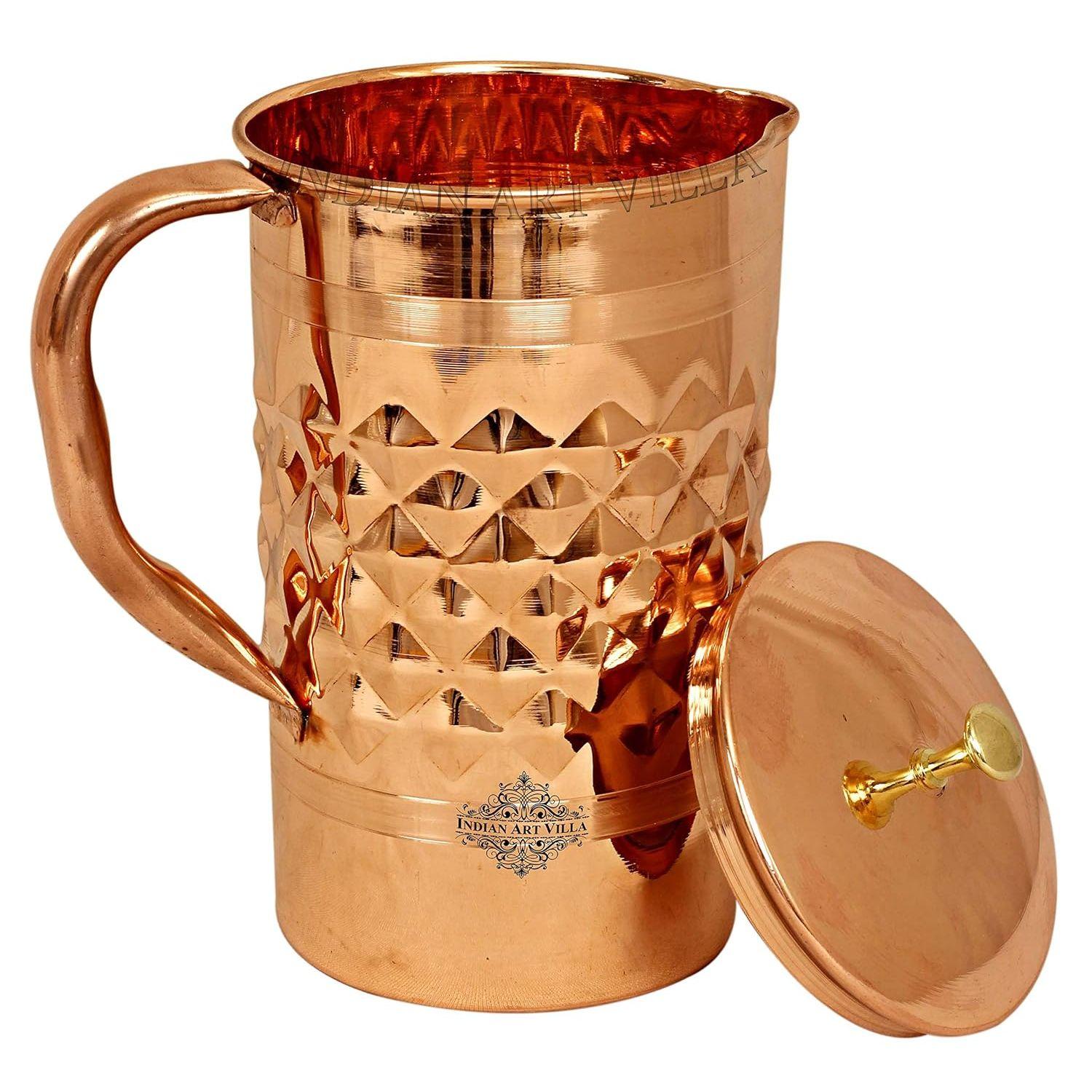 

Медный кувшин-питчер с чеканным дизайном «Диамонд» и латунной ручкой, для хранения и подачи воды, исцеление йогой и аюрведой, объем - 2000 мл