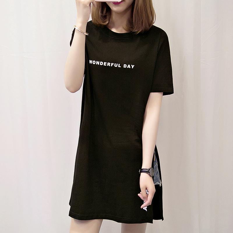 Plus Size WONDERFUL DAY Print Long T Shirts Summer Women Loose Slit Femme Tops Cotton Tshirt Short Sleeve Ladies T-shirt