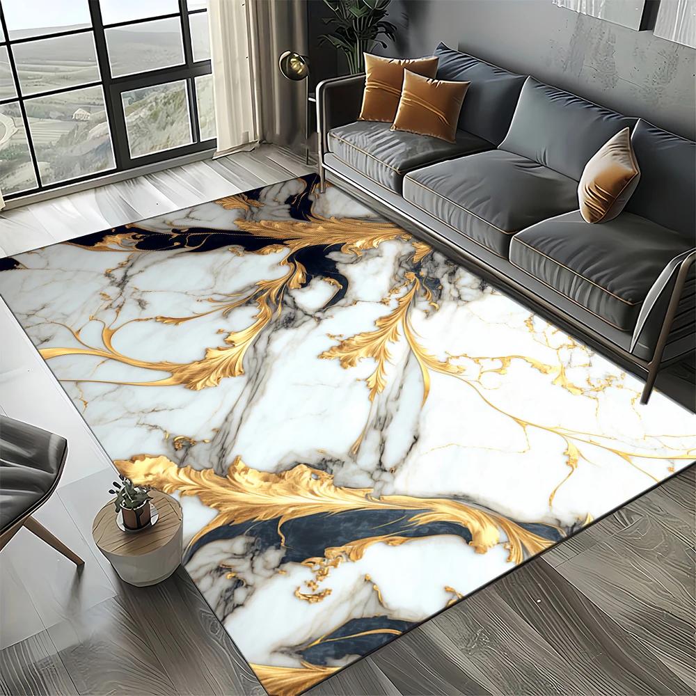 2025 New Style Fashion Marble Black White Gold Stone Carpet Rug for Living Room Bedroom Home Sofa Decoration,Non-slip Floor Mat