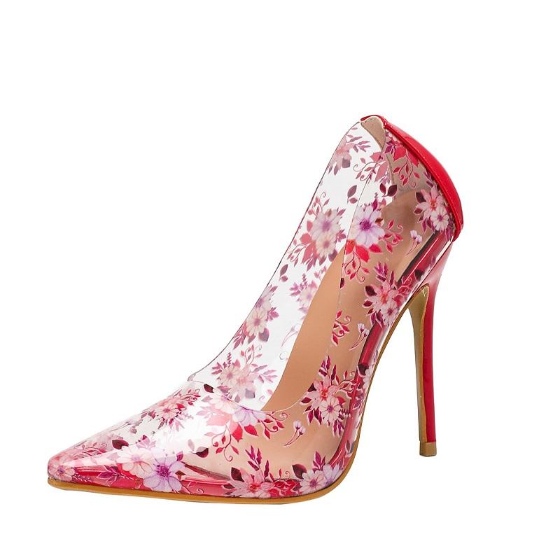 Eilyken Pink Flower Fashion PVC Transparent Pumps Women Sexy Pointed Toe Thin Heels Wedding Party Shoes