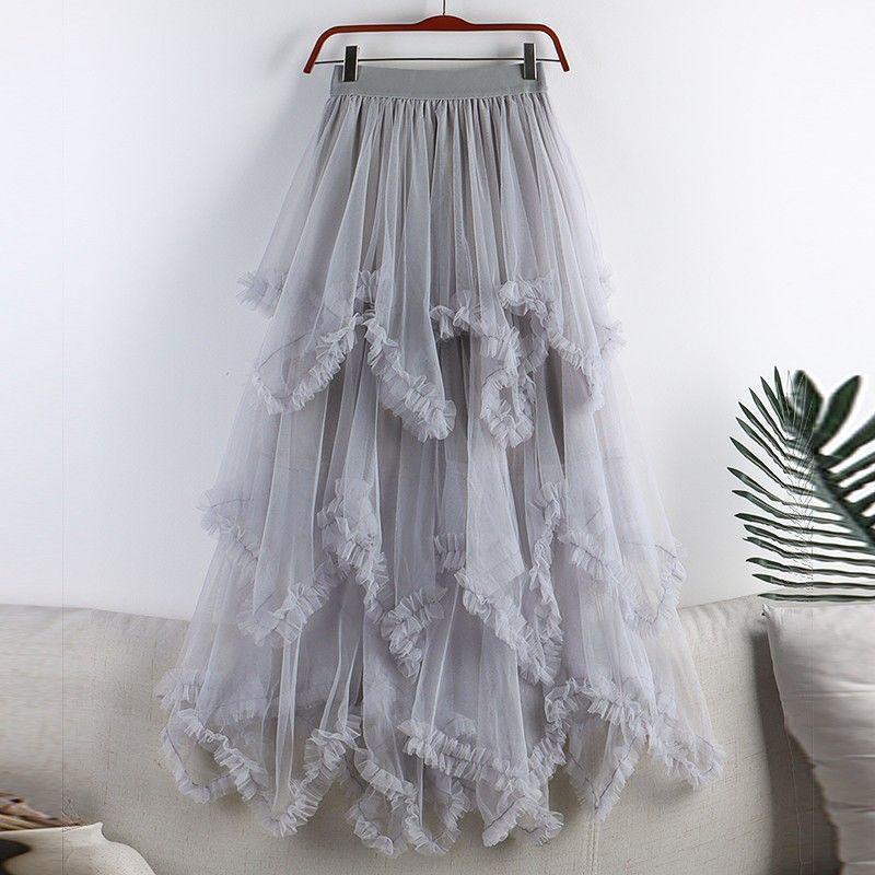 Women's 2024 Summer High-Waist Mesh A-Line Ruffled Skirt - Irregular Mid-Length Niche Style