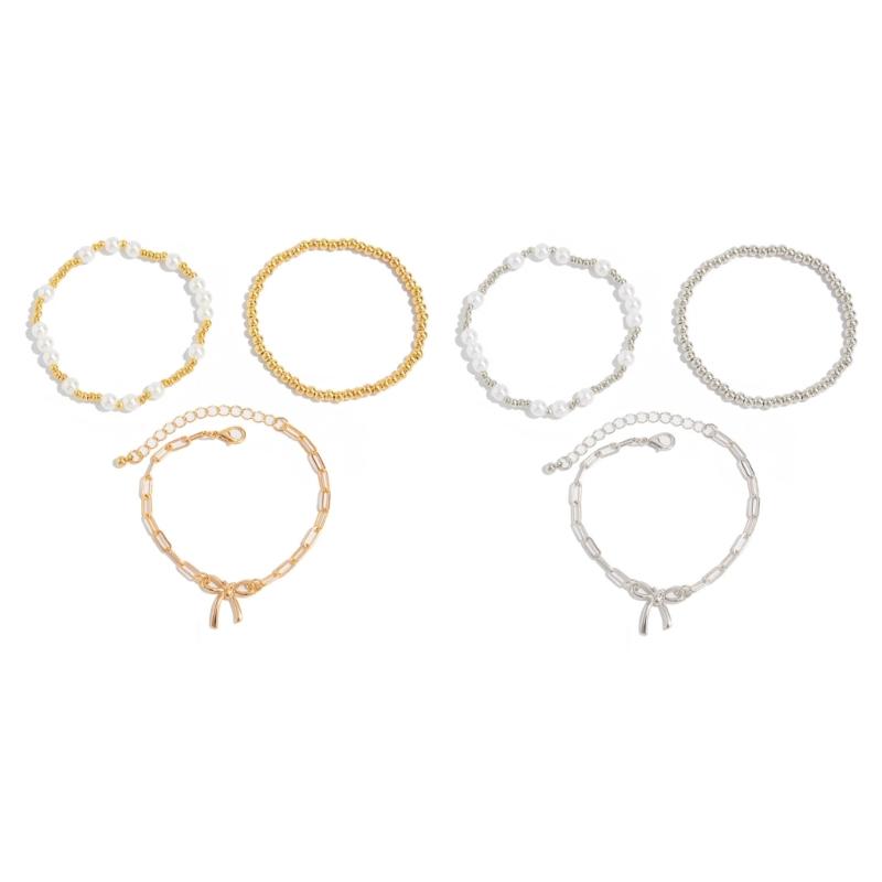 Modern Bowknot Detail Imitation Pearls Bracelet with Alloy Clasp Adjustable Chain Elegant Jewelry For Women