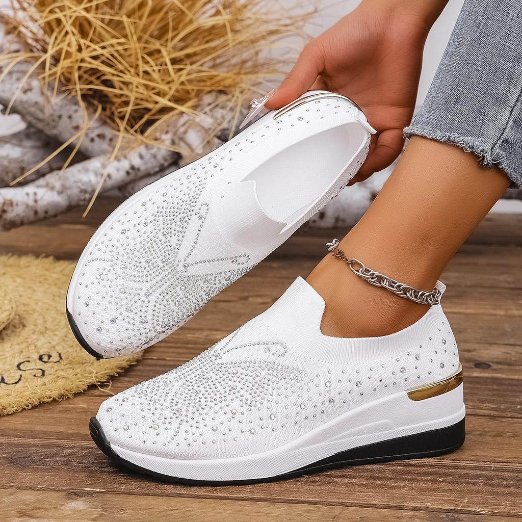 Women's Summer Sports Casual Shoes with Wedge Heels, Round Toe and Rhinestone Slip-on Shoes
