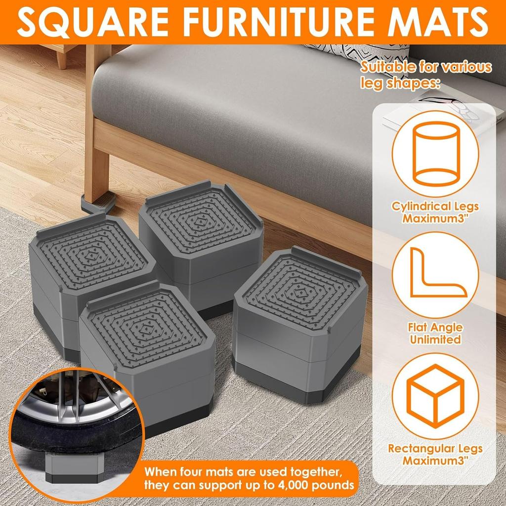4Pack Bed Risers 3 Inch Stackable Furniture Risers Adjustable Anti-Slip Chair Raisers Heavy Duty Bed Lifter Desk Raising Blocks Table Leg Extenders