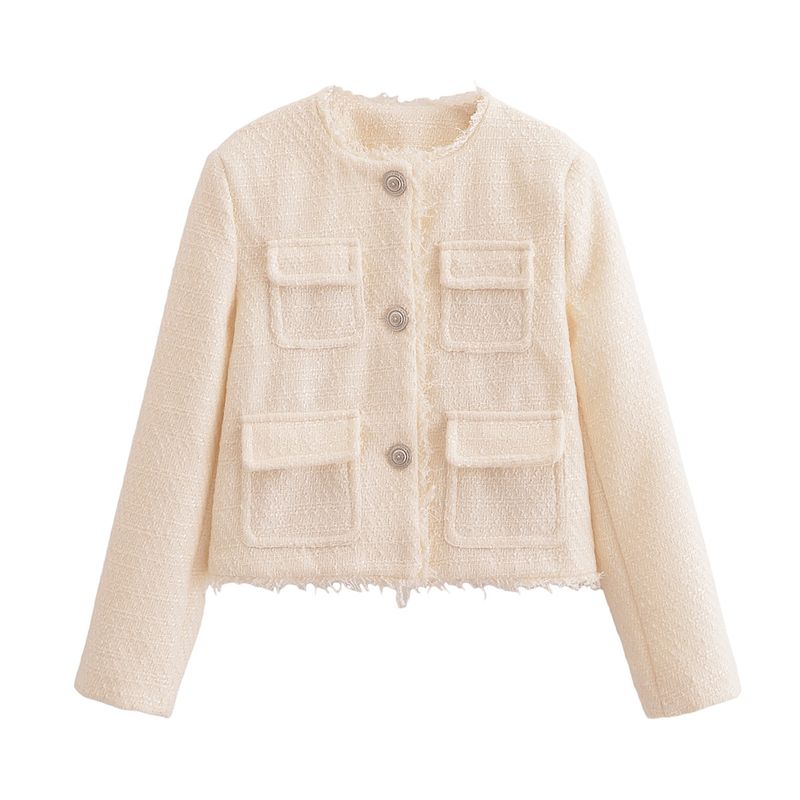 

Kaslead New Arrival Women s Clothing Fashion Style Stylish Simple and Versatile round Neck Long Sleeves Raw Edge Outwear White S