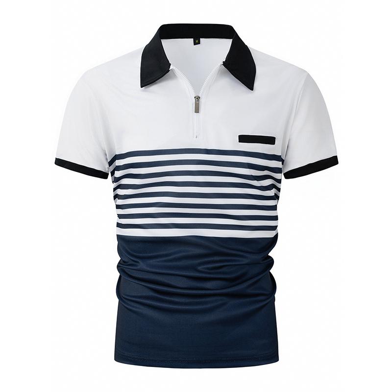 Summer Men Stripe Fashion Short Sleeve Lightweight Business Casual Polo Shirt Half Zip Solid Elastic Office Short Sleeve T-shirt