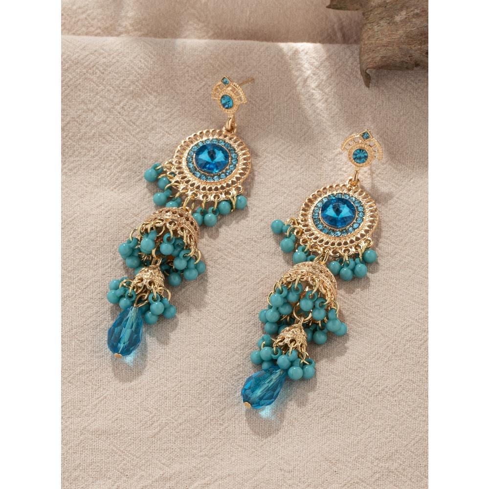 Personalized Micro-diamond Earrings Thai Retro Women's Long Luxury Imitation Large Gemstone Bell Fringed Earrings