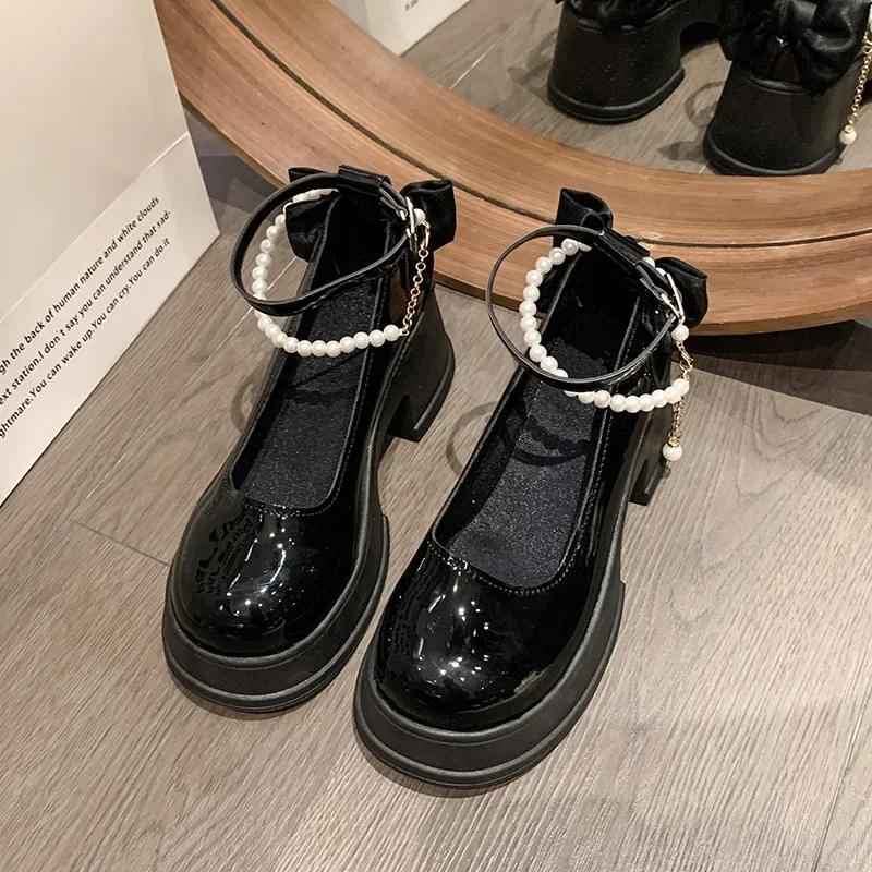 Mode Frühling/Sommer High Heels Schuhe Lolita Röcke Schleife Perlenschnallen Mary Jane Damenschuhe Bankett Casual für Frauen 2025