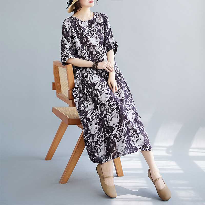 

Summer Loose Large Size Printed Round Neck Short Sleeve Knee Length Dresses One Size чорний