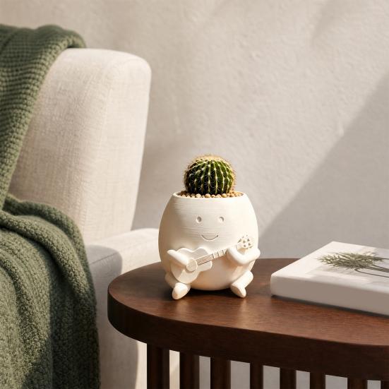 Guitarist Big Head Planter, Cute Smiling Face Flower Pot, Fun Guitar Player Plant Pot for Succulents Cacti Desk Shelf