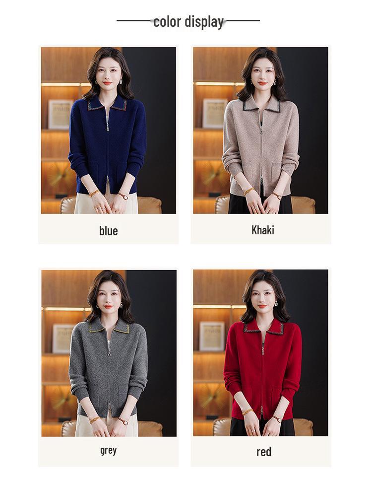 100% Pure Wool Women's Zipper Stand Collar Sweater Coat for Spring and Autumn/Winter Warmth, Ideal for Mid-Aged and Elderly