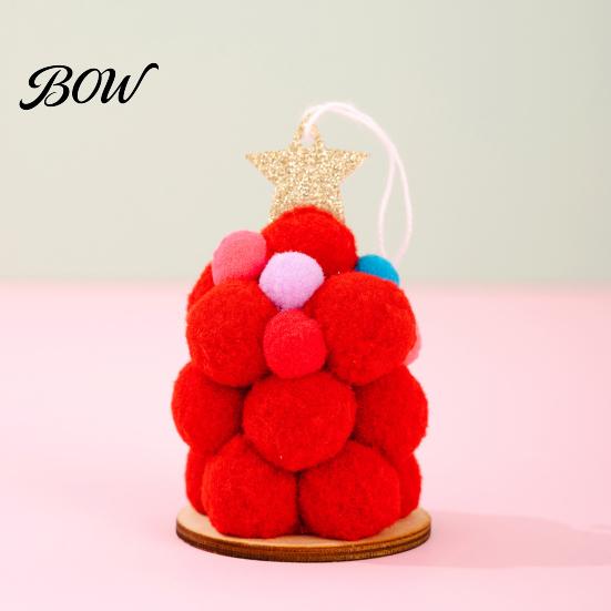 Festive Home Decoration Plush Christmas Tree Ornament, Cute Pom Balls Tree-Shaped Hanging Pendant Round with Star Topper for Wreath Party Handmade