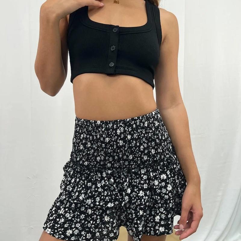 European Style Women Clothing Midi Skirt Ruffle Print Fashion Floral Mini