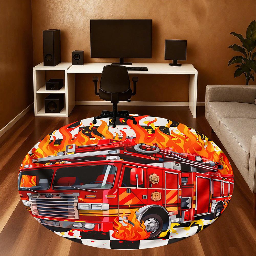 1PC Firetruck Flames Round Chair Mat Area Rug - Non-Slip, Floor Mat for Office, Bedroom, and Indoor Decor -Gift D1127234