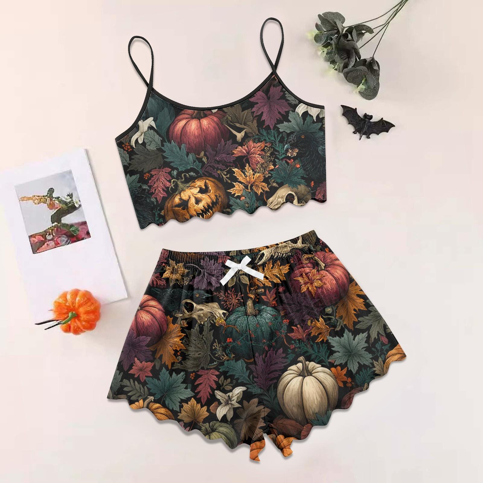 

Women s Halloween Set With Retro Floral Print Suspender Sleeveless Vest Shorts Pajama Set S
