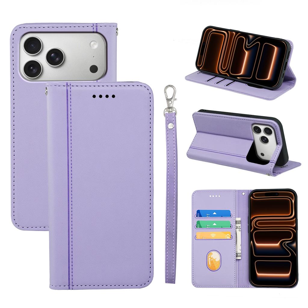 For iPhone 17 Pro Max Wallet Case Magnetic Closing PU Leather Phone Cover with Wrist Strap