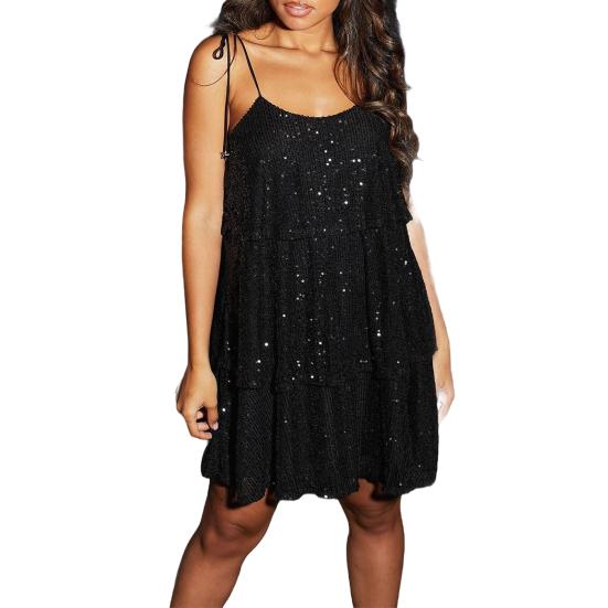 

Сексуальное платье с пайетками, платье на бретельках, однотонное, без рукавов, многослойный дизайн торта, вечеринка S чёрный