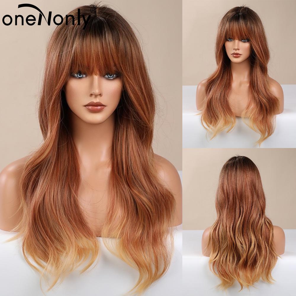 

oneNonly Ginger Red Wig with Bangs Довгі хвилі Синтетичні перуки для жінок Косплей Натуральна перука Волосся Термостійке волокно LC373-1