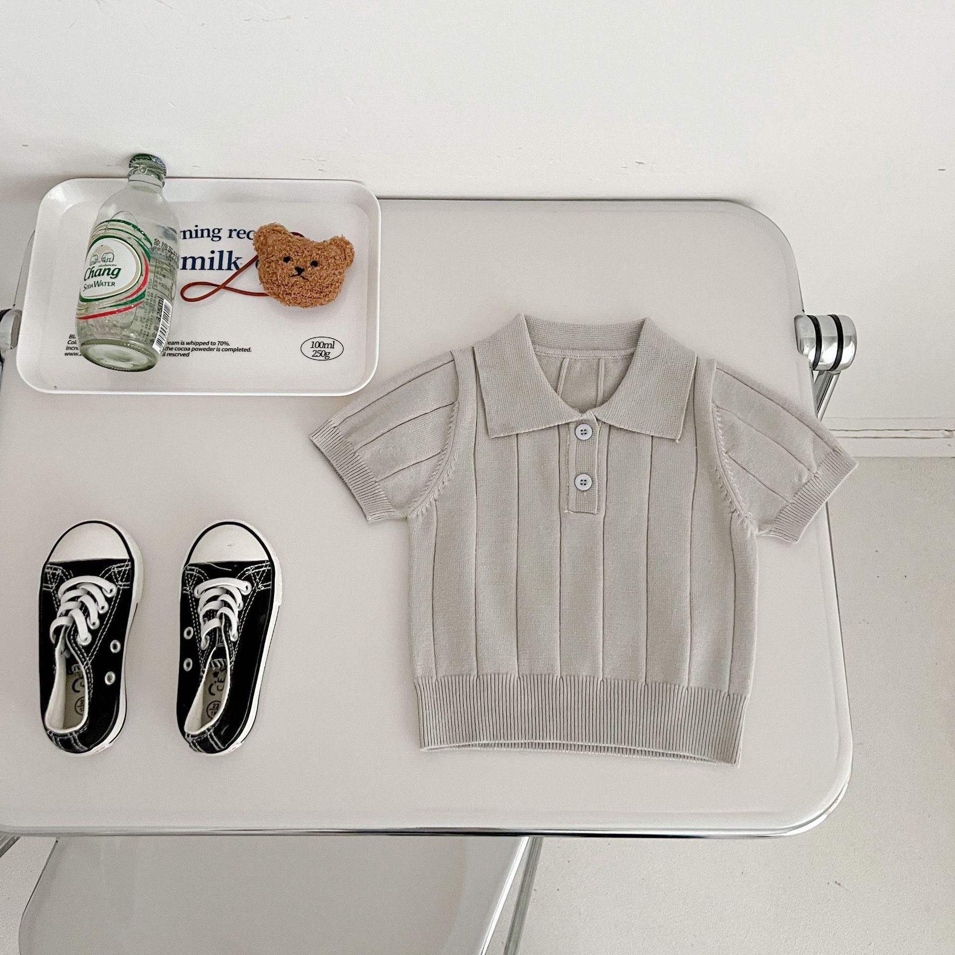 

Топ из ледяного шелка для малышей и детей ясельного возраста в корейском стиле 2025: Легкий пуловер на весну/лето с отложным воротником 150 cm