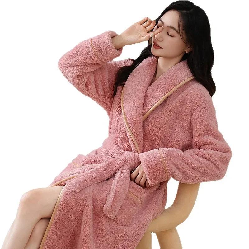 Halat lung gros din fleece de corali pentru femei, de iarnă, pentru acasă, culoare pură, care reține căldura, halat de dimineață, design simplu, îmbrăcăminte de noapte de iarnă