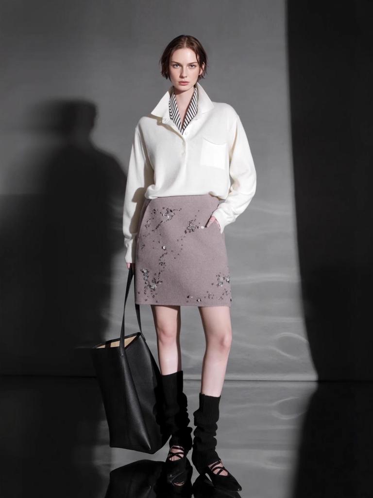 High-End Minimalist Wool Sequin A-Line Skirt (Autumn/Winter)