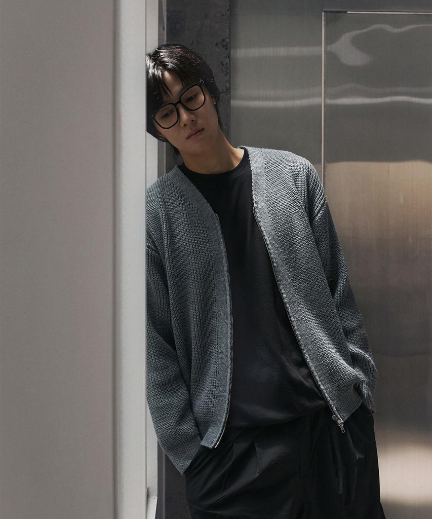 NODU Essential V-Neck Knit Zip-Up Cardigan [Gray]