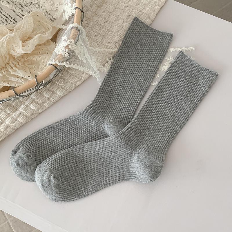 Women's Black & White Ribbed Slouch Socks - Mid-Calf Length, Versatile for Autumn/Winter, Pair with Leather Shoes