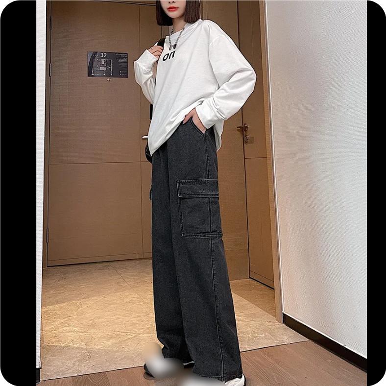 Dámské džínové kalhoty nadměrné velikosti s nářadím, rovné široké nohavice, volné s vysokým pasem, délka až na zem, tenké