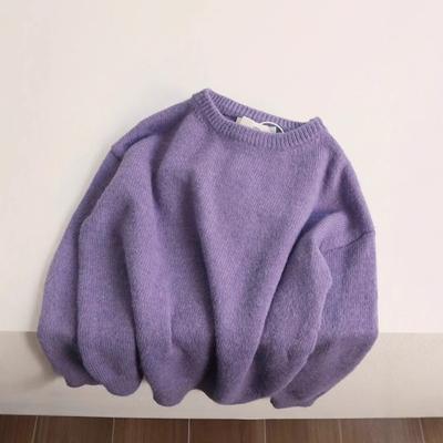Sanfter Wind Waschbär Samt Lila Pullover Damen Weicher Wachsiger Strickpullover Rundhals Pullover mit Untertop Innen Herbst und Winter