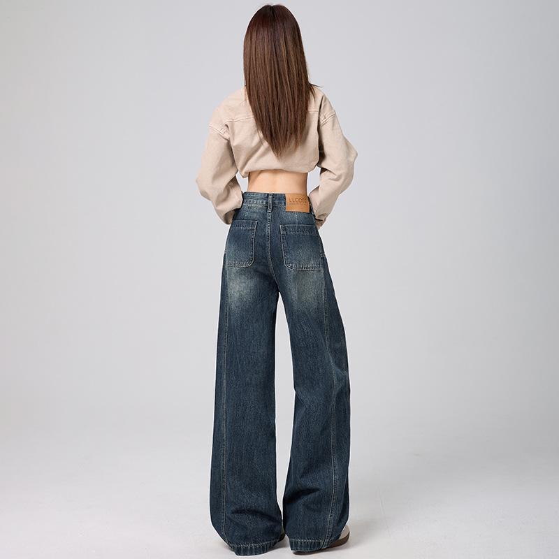 Retro Scimitar Wide-leg Jeans Women's New Versatile American Splicing Design Sense High Waist Loose Straight Pants