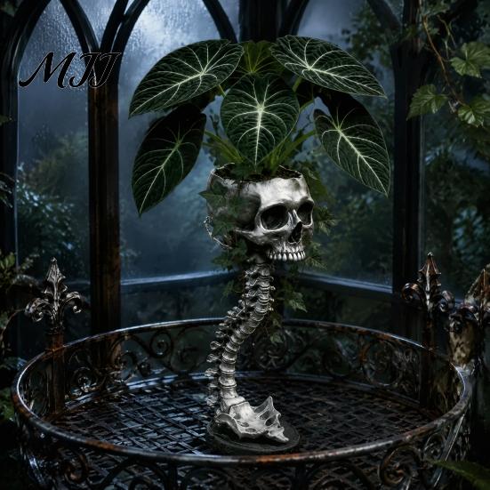 Dark Aesthetic Sculpture Gothic Skull Spine Planter, Resin Skeleton Planter Pot, Horror Halloween Indoor Outdoor Statue Flower Vase, Spooky Home Decor