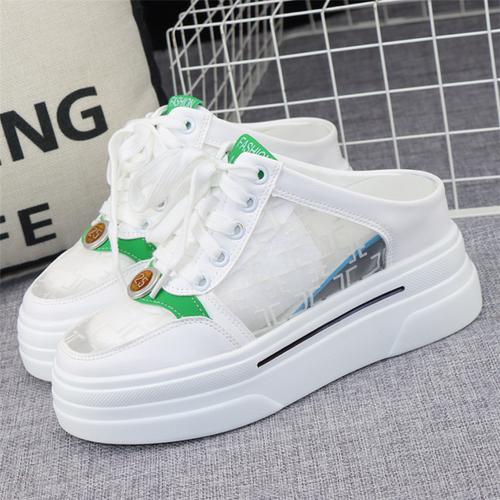 fashion Women Half Shoes Sneaker 2024 Summer Leather 8CM High Heels Slippers Casual Lace Up Woman Sneakers Shoes Fashion Summer Slippers