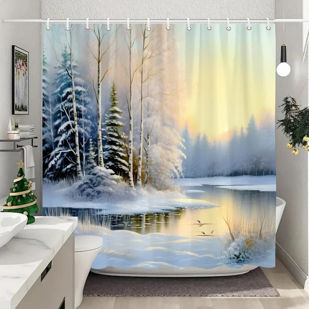 White Snowman Christmas Shower Curtains Christmas Gift Blue Forest Deer Rustic Cottage Washable Home Bath Curtain Bathroom Decor
