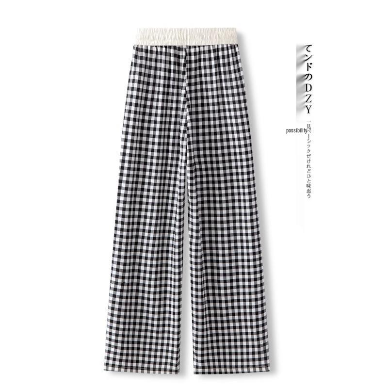 Women's 2025 Spring/Autumn Plaid Wide-Leg Drape Pants - Color Block, Elastic Waist, Versatile Straight-Leg Style.