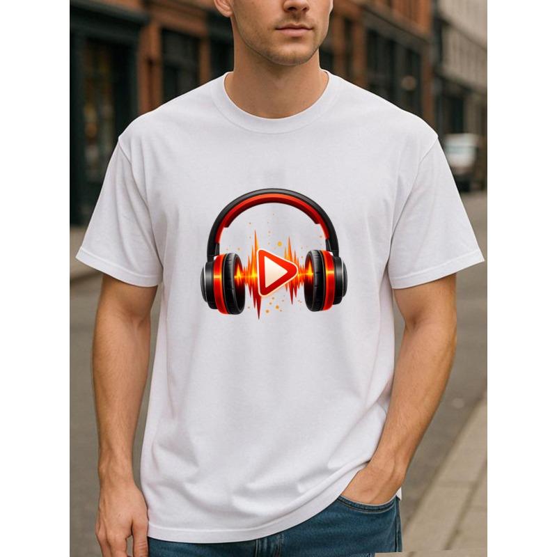 

European sizes Music Earphone Sound Wave Play Key Print, Men s Casual Short-sleeved Round-neck Pattern Printed T-shirt 4XL білий