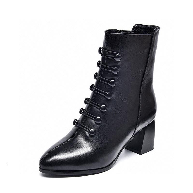 Fashion Short Boots Autumn and Winter New Pointed Thick Heel First Layer Cowhide Double-breasted Side Zipper Women's Leather Boots