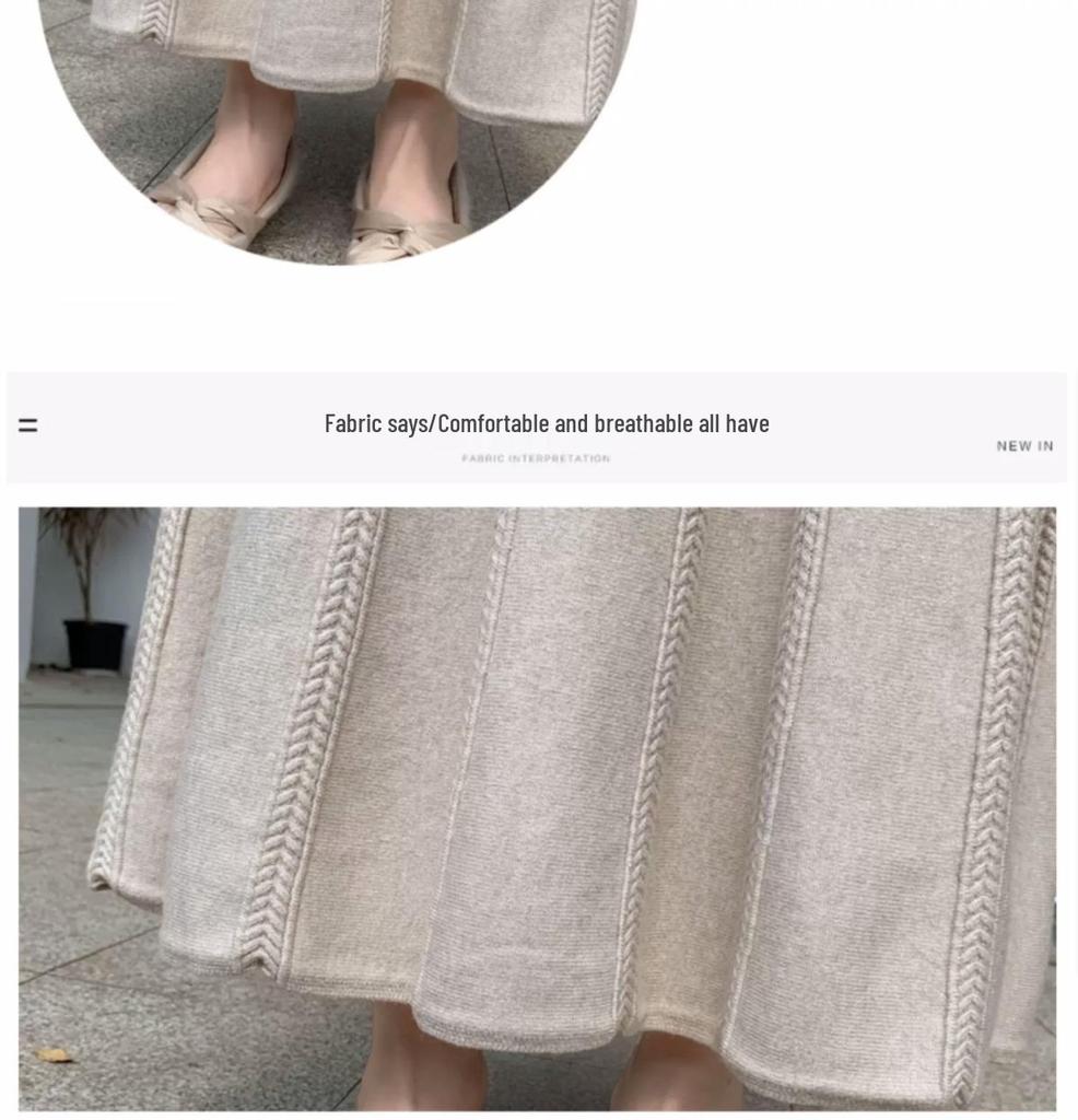 Women's Black High-Waist A-Line Woolen Skirt - Ribbed, Thickened, Autumn/Winter Casual Skirt