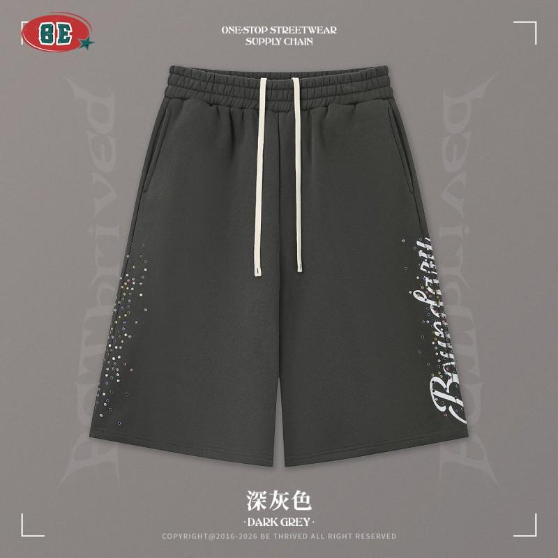 BE Mens Retro Streetwear Heavyweight Baggy 6-Point Shorts With Rhinestone Side Print