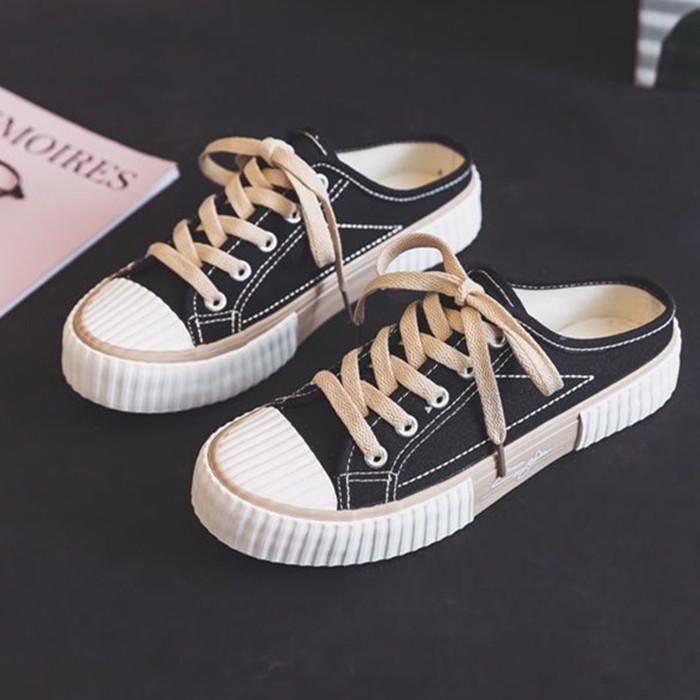 Kekse halbschlepp Sommer neue Canvas-Schuhe Damen Low-Top Slipper halbe Stütze Ein-Pedal-Hausschuhe lässige Damenschuhe